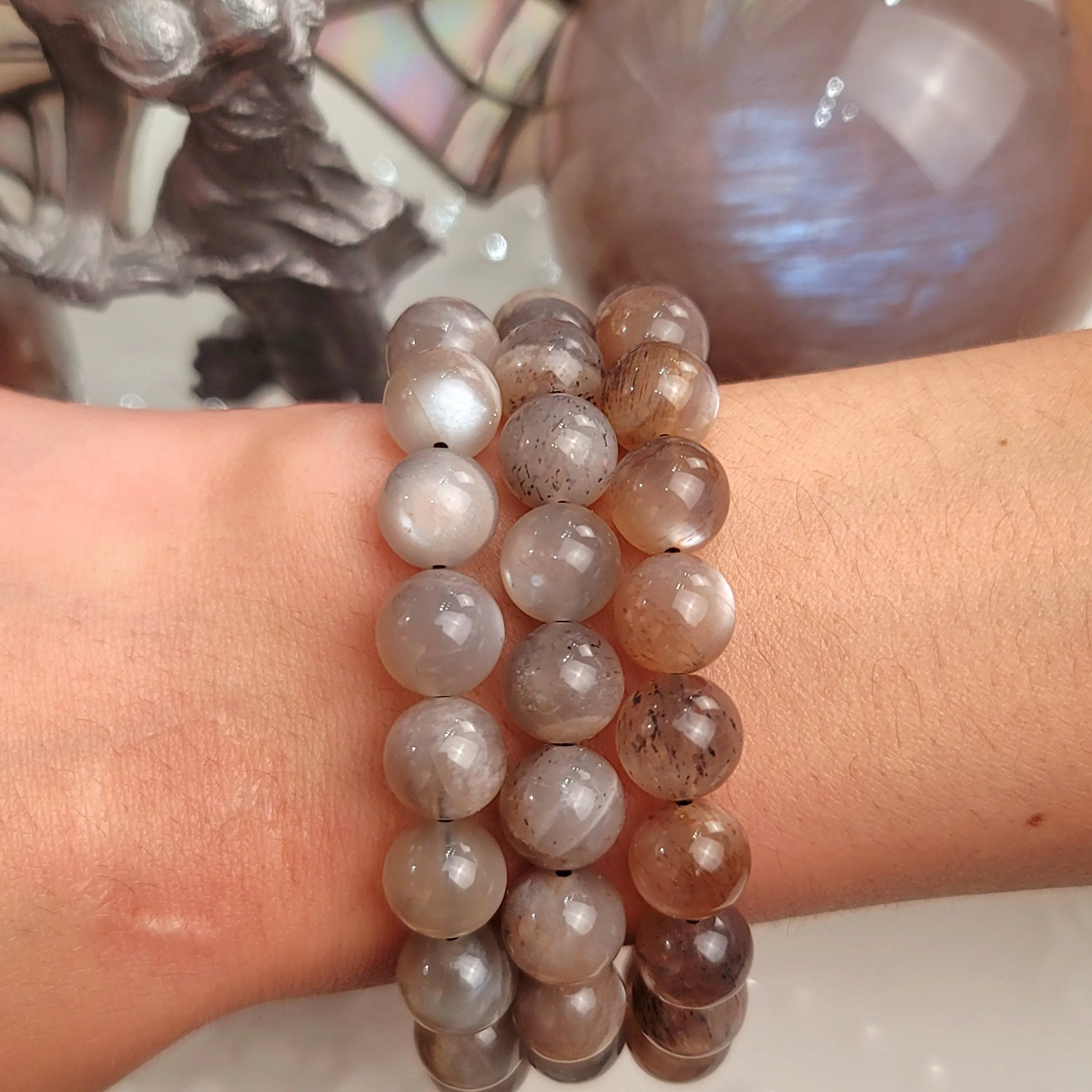 Black Moonstone with Hematite and Rainbow Lattice Sunstone Bracelet (AAA Grade) for Creation, Divine Feminine, & Manifestation