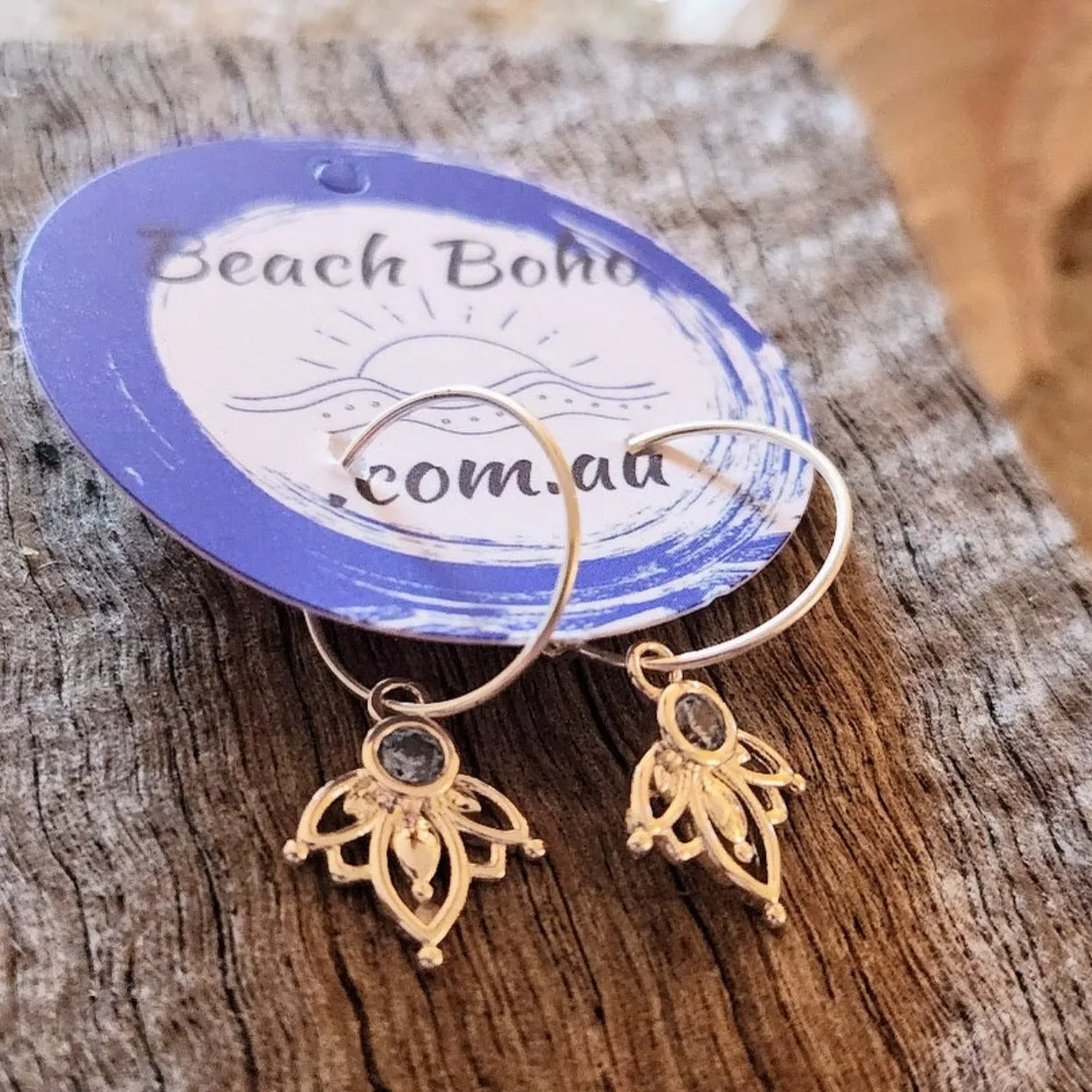 BLUE LOTUS - 925 SILVER HOOP TOPAZ LOTUS EARRINGS