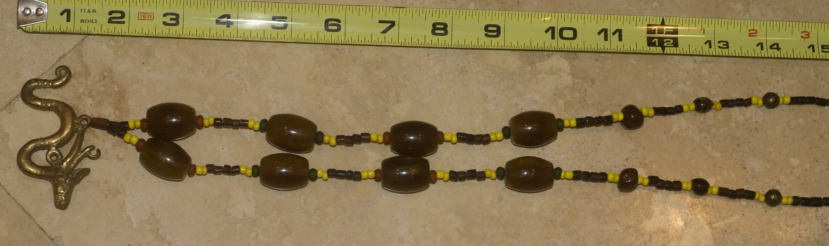 Borneo Tribal Oran Ulu, Dayak, Iban Tribe Heavy Brass Bronze Aso Dog Dragon Earring Talisman, Ear Weight Used as a Pendant for Necklace with Large Amber Beads & Old Glass Trade Beads NB19