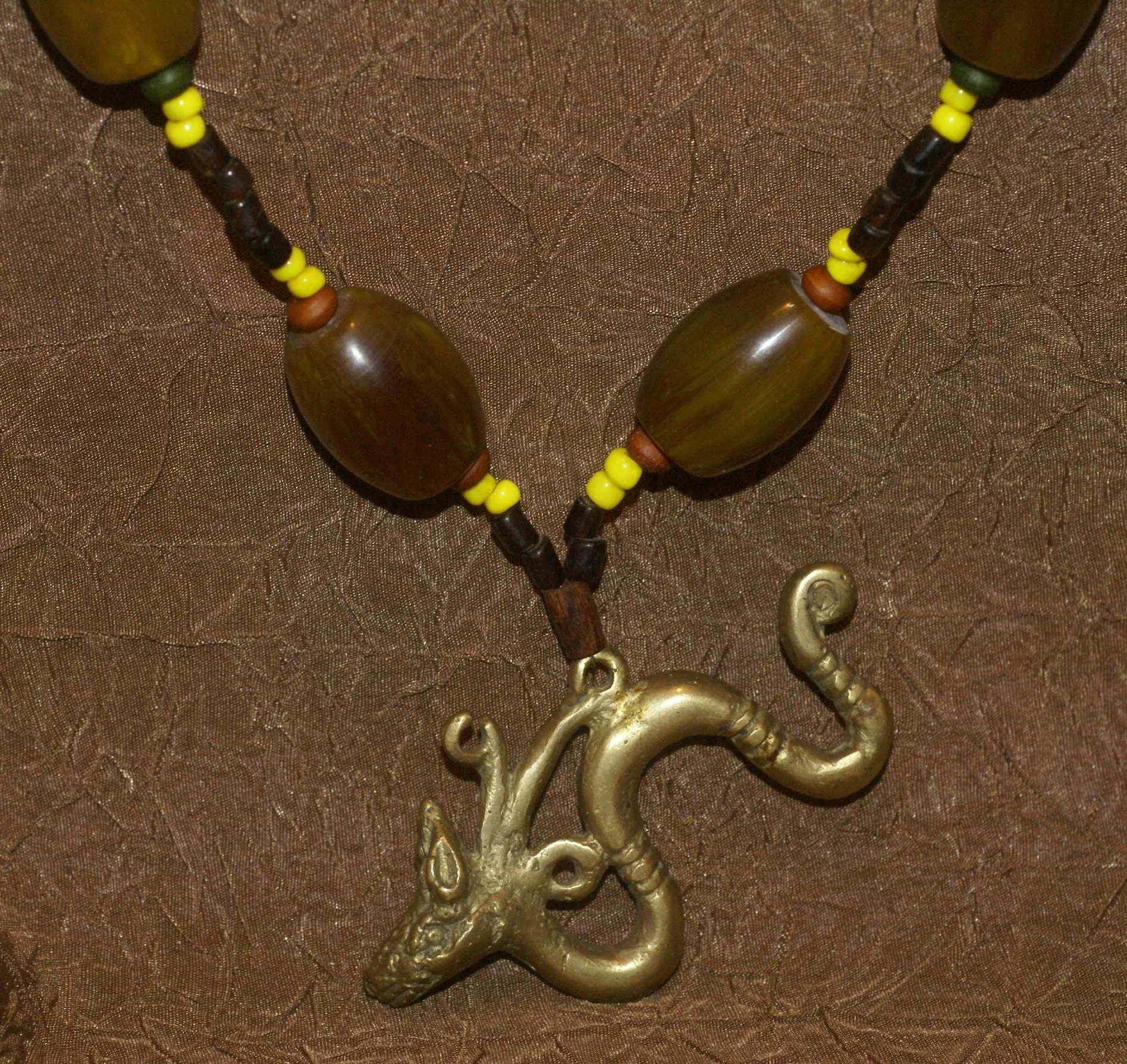 Borneo Tribal Oran Ulu, Dayak, Iban Tribe Heavy Brass Bronze Aso Dog Dragon Earring Talisman, Ear Weight Used as a Pendant for Necklace with Large Amber Beads & Old Glass Trade Beads NB19