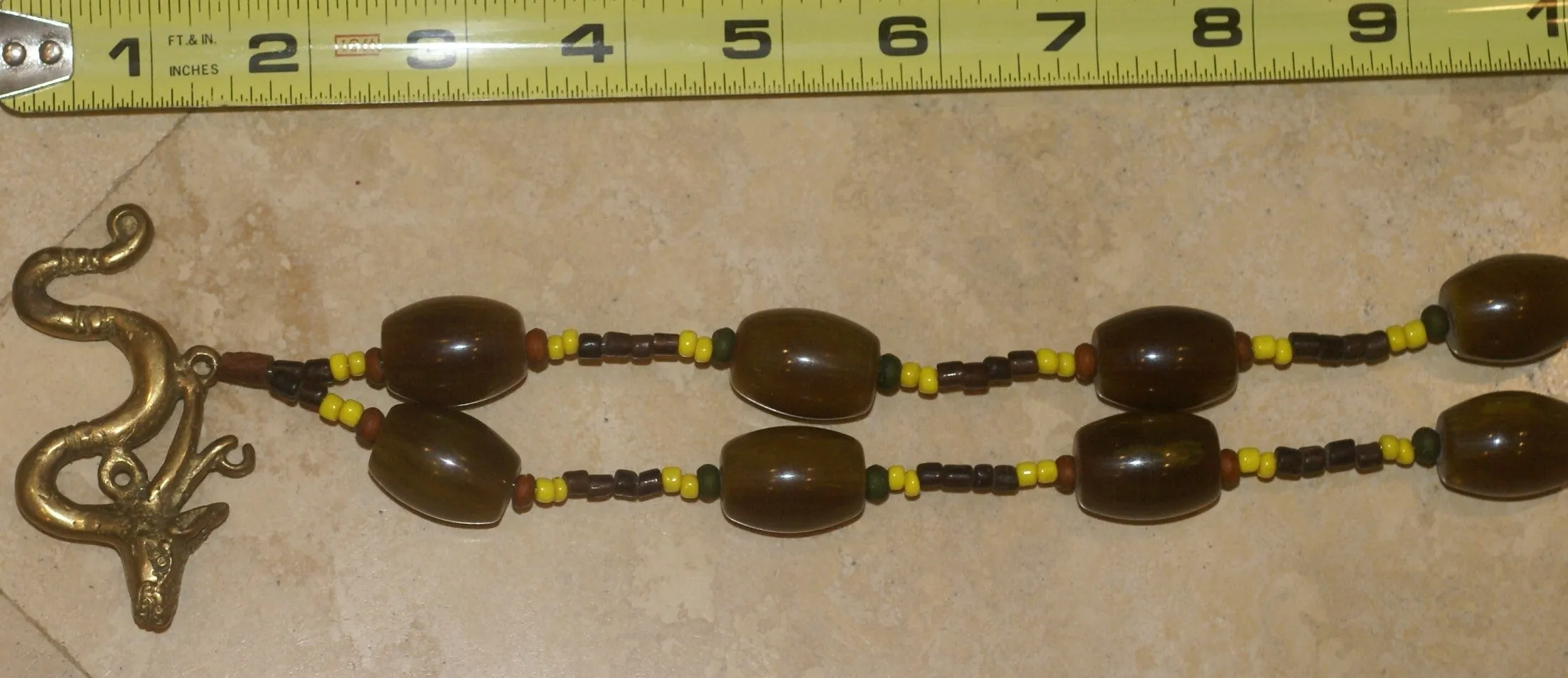 Borneo Tribal Oran Ulu, Dayak, Iban Tribe Heavy Brass Bronze Aso Dog Dragon Earring Talisman, Ear Weight Used as a Pendant for Necklace with Large Amber Beads & Old Glass Trade Beads NB19