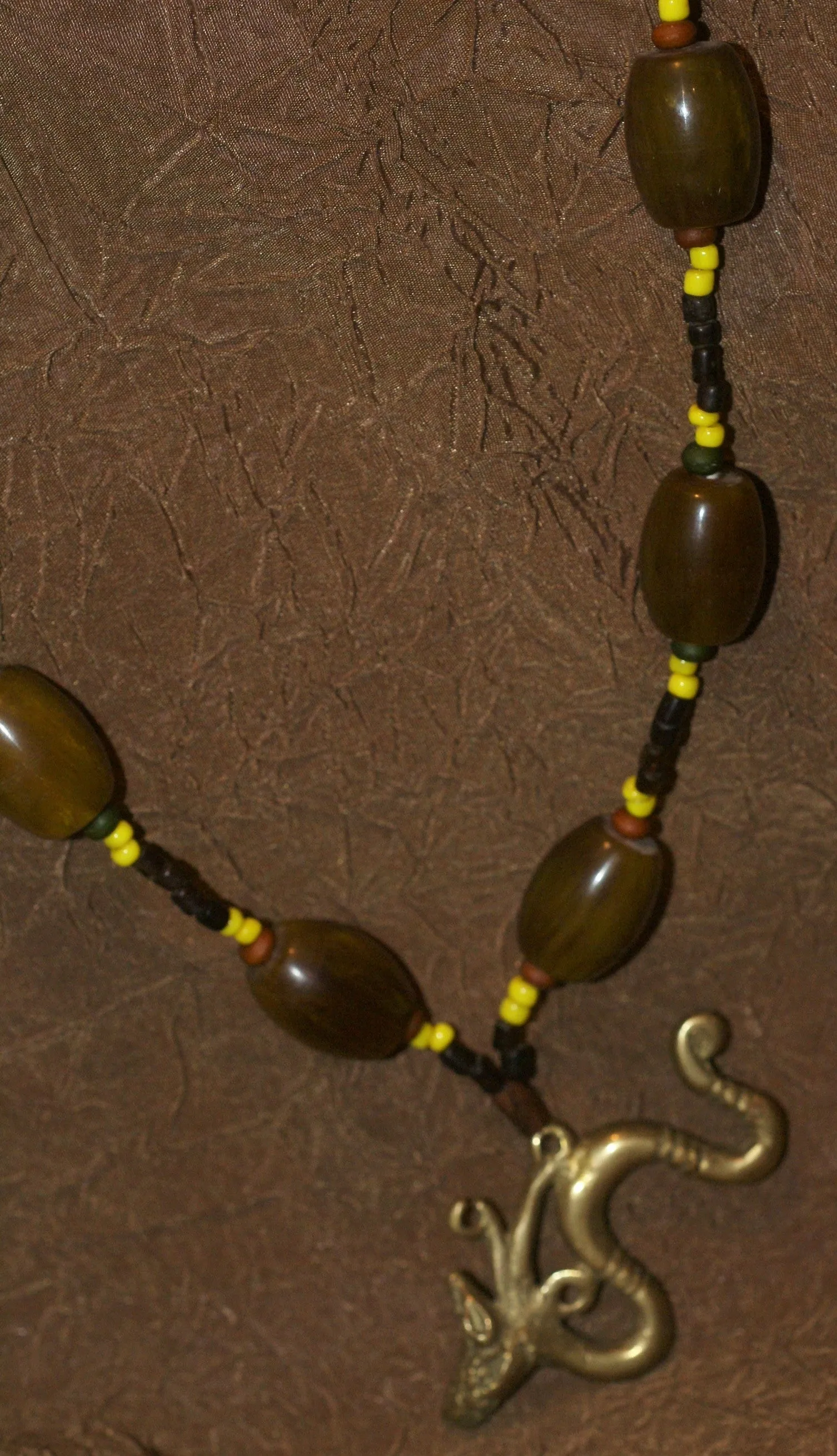 Borneo Tribal Oran Ulu, Dayak, Iban Tribe Heavy Brass Bronze Aso Dog Dragon Earring Talisman, Ear Weight Used as a Pendant for Necklace with Large Amber Beads & Old Glass Trade Beads NB19