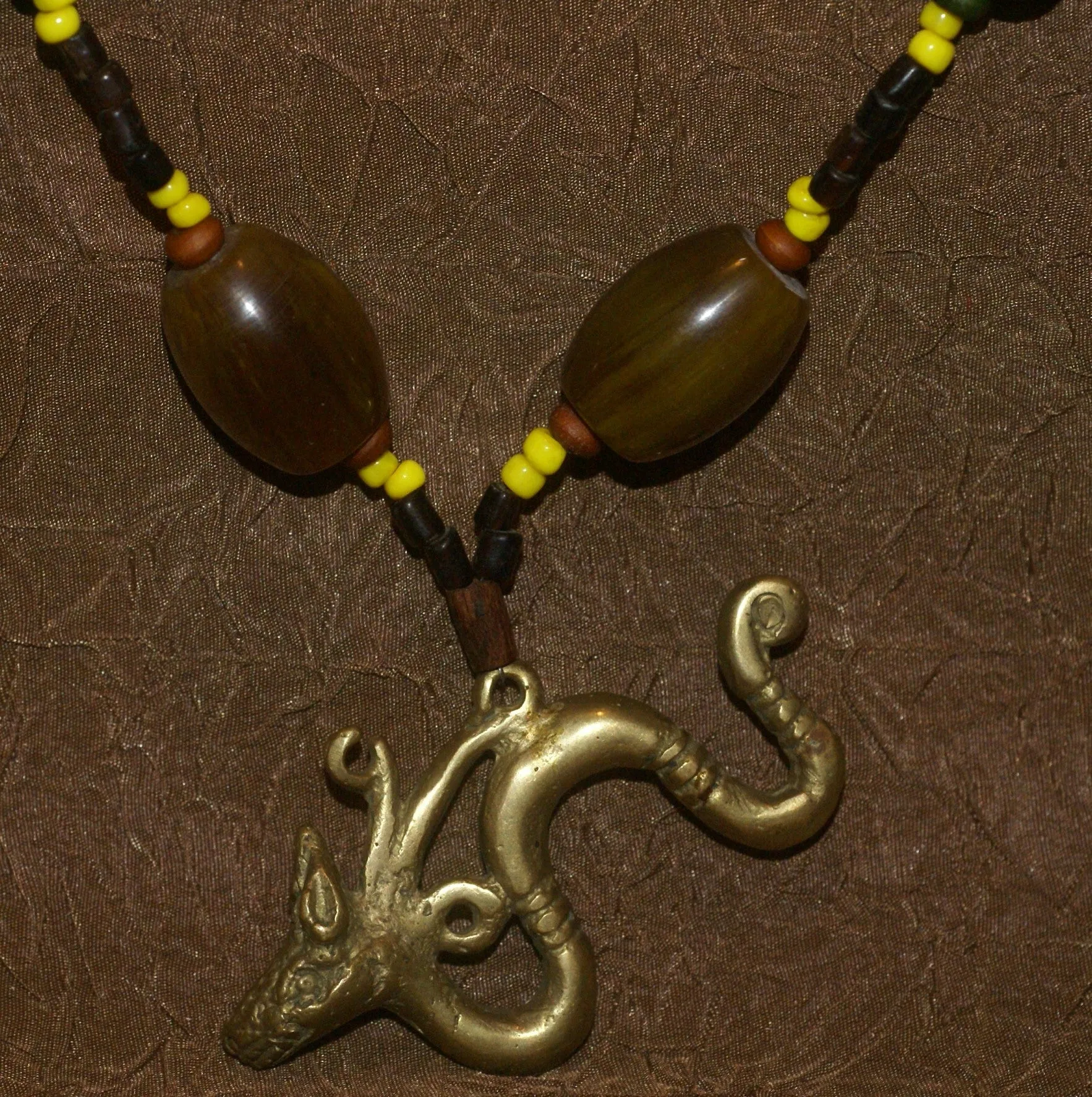 Borneo Tribal Oran Ulu, Dayak, Iban Tribe Heavy Brass Bronze Aso Dog Dragon Earring Talisman, Ear Weight Used as a Pendant for Necklace with Large Amber Beads & Old Glass Trade Beads NB19