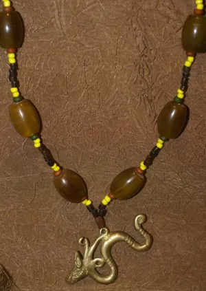 Borneo Tribal Oran Ulu, Dayak, Iban Tribe Heavy Brass Bronze Aso Dog Dragon Earring Talisman, Ear Weight Used as a Pendant for Necklace with Large Amber Beads & Old Glass Trade Beads NB19