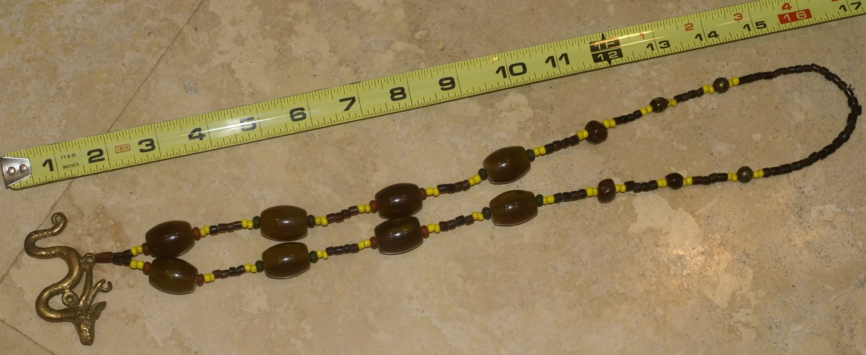 Borneo Tribal Oran Ulu, Dayak, Iban Tribe Heavy Brass Bronze Aso Dog Dragon Earring Talisman, Ear Weight Used as a Pendant for Necklace with Large Amber Beads & Old Glass Trade Beads NB19