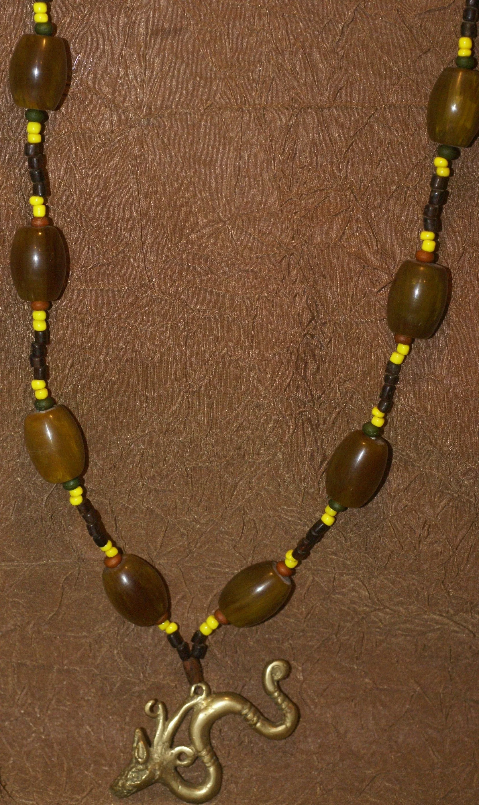 Borneo Tribal Oran Ulu, Dayak, Iban Tribe Heavy Brass Bronze Aso Dog Dragon Earring Talisman, Ear Weight Used as a Pendant for Necklace with Large Amber Beads & Old Glass Trade Beads NB19