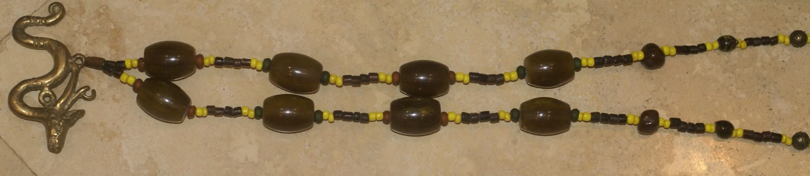 Borneo Tribal Oran Ulu, Dayak, Iban Tribe Heavy Brass Bronze Aso Dog Dragon Earring Talisman, Ear Weight Used as a Pendant for Necklace with Large Amber Beads & Old Glass Trade Beads NB19