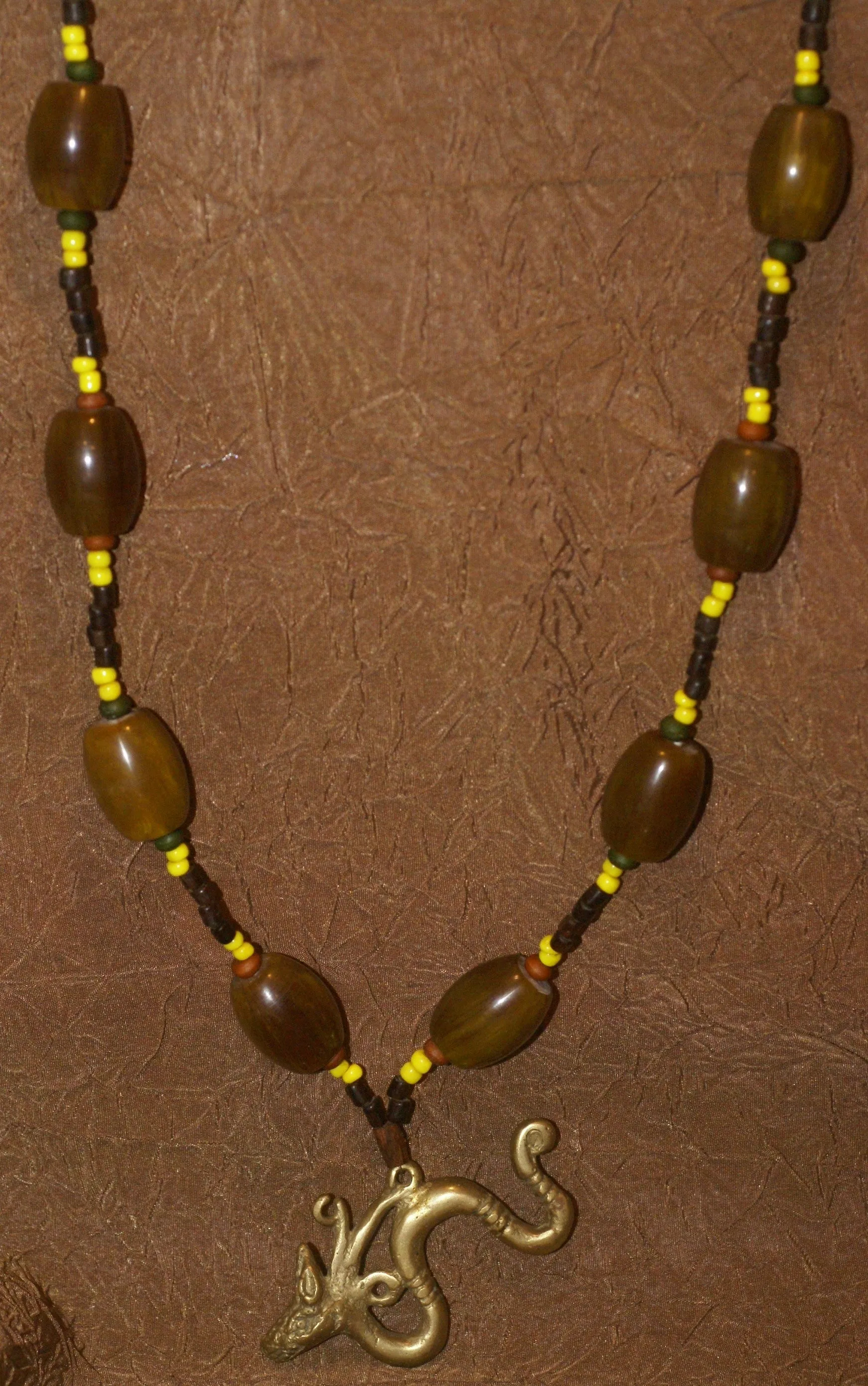 Borneo Tribal Oran Ulu, Dayak, Iban Tribe Heavy Brass Bronze Aso Dog Dragon Earring Talisman, Ear Weight Used as a Pendant for Necklace with Large Amber Beads & Old Glass Trade Beads NB19