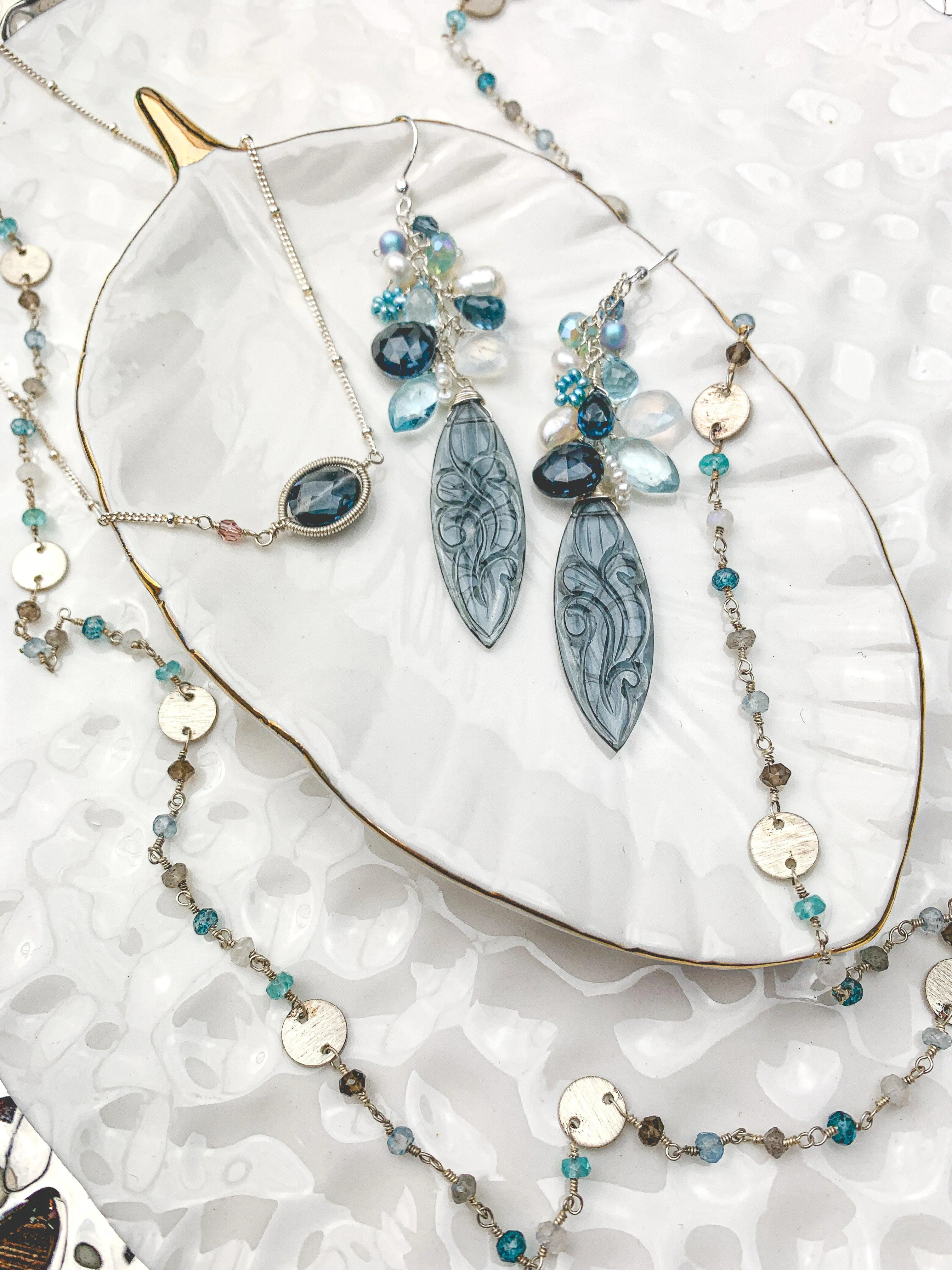 Carved Dark Ocean Grey Statement Earrings