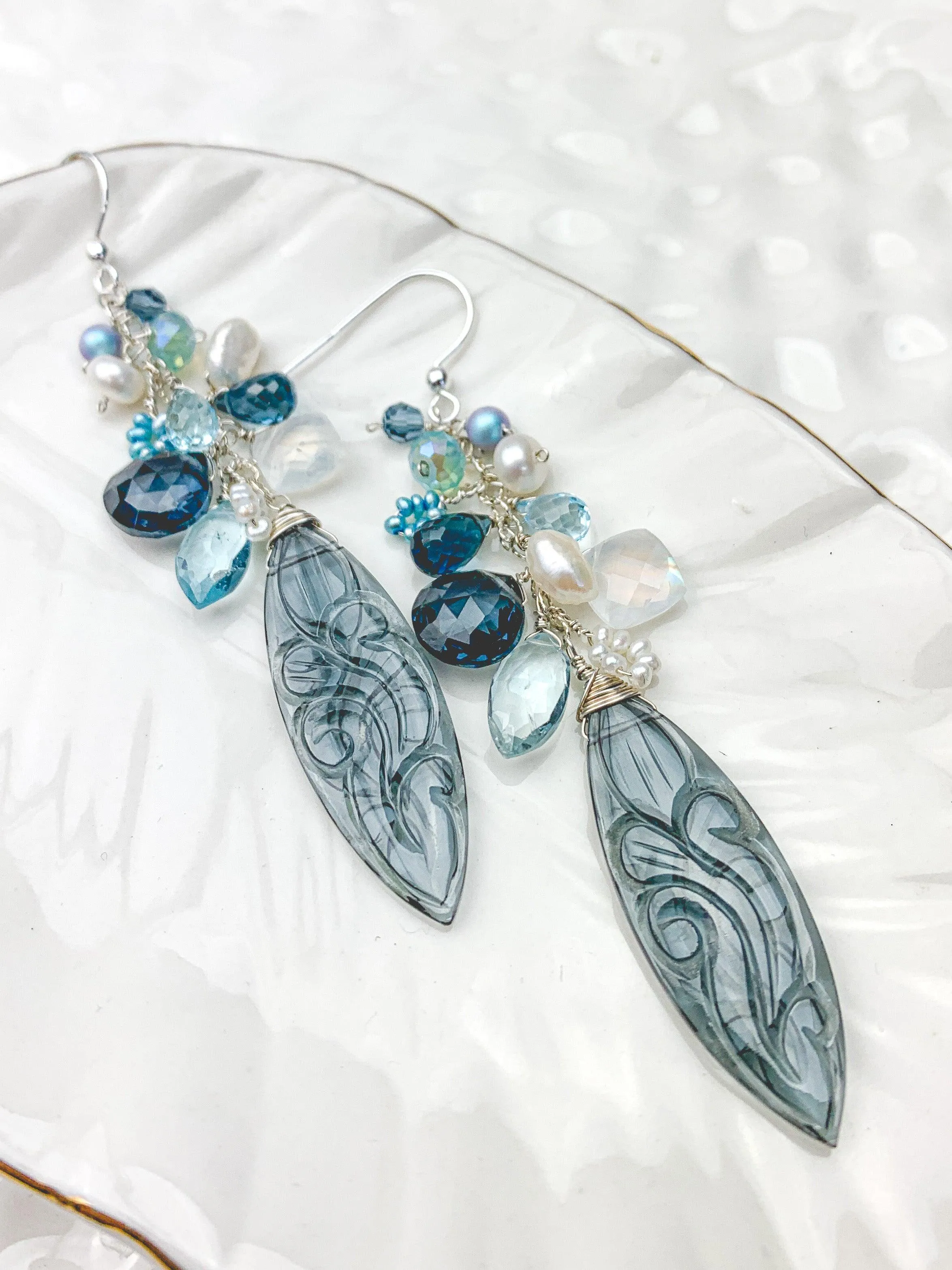 Carved Dark Ocean Grey Statement Earrings