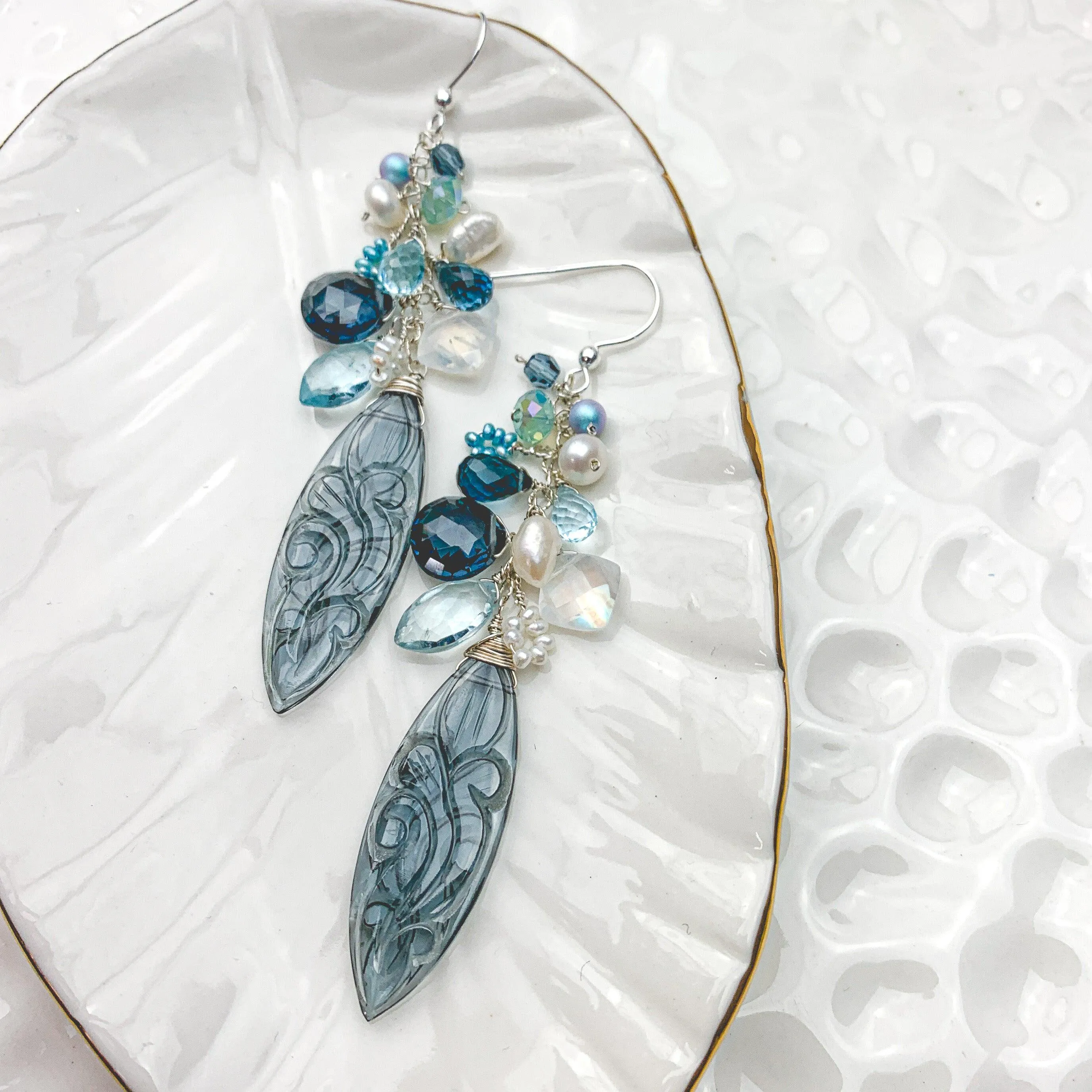 Carved Dark Ocean Grey Statement Earrings