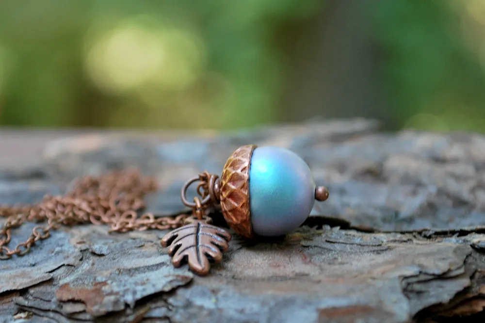 Copper Tide Pool Magic Acorn Necklace | Iridescent Blue Acorn | Something Blue Wedding Necklace