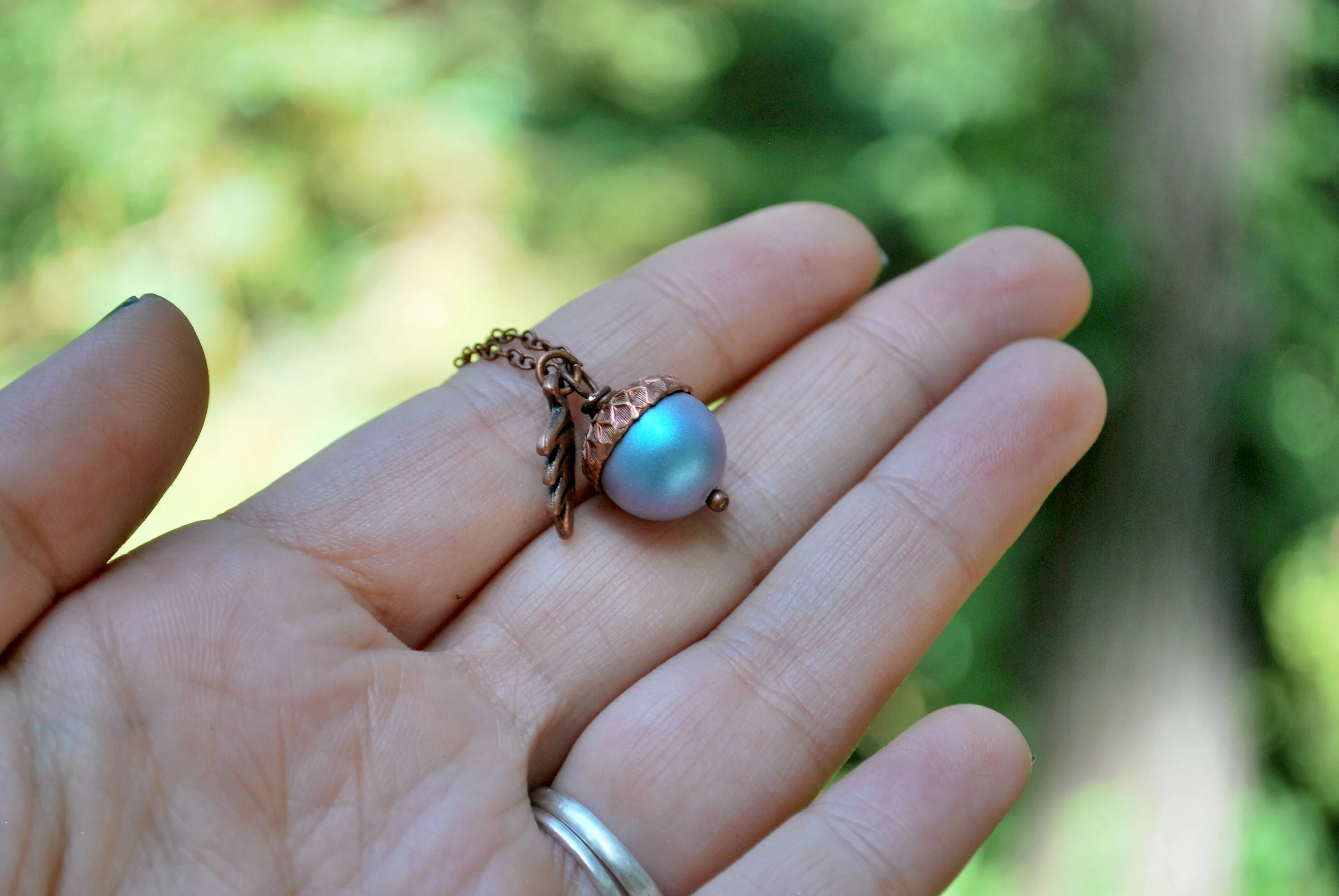 Copper Tide Pool Magic Acorn Necklace | Iridescent Blue Acorn | Something Blue Wedding Necklace