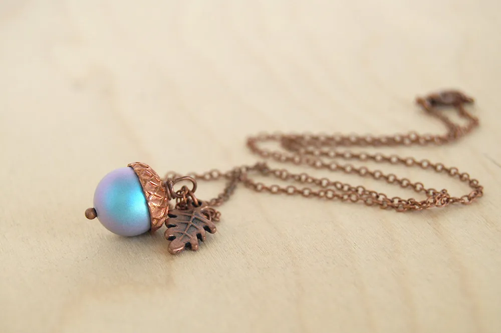 Copper Tide Pool Magic Acorn Necklace | Iridescent Blue Acorn | Something Blue Wedding Necklace