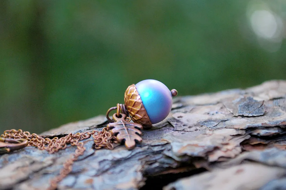 Copper Tide Pool Magic Acorn Necklace | Iridescent Blue Acorn | Something Blue Wedding Necklace