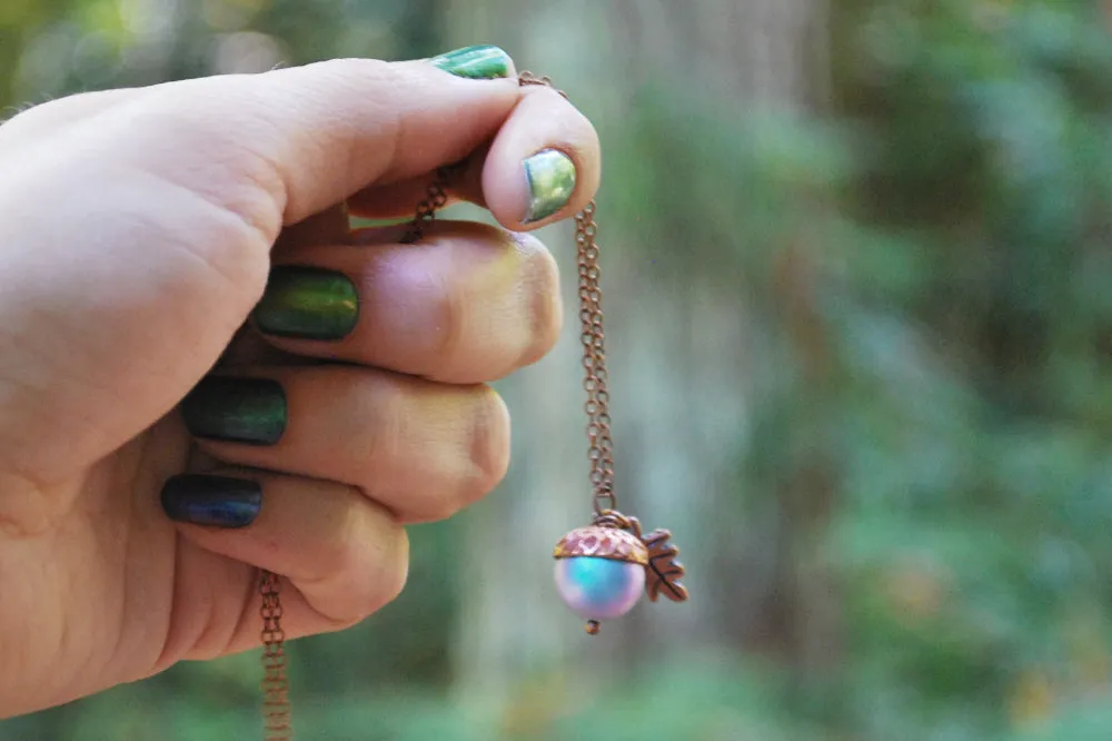 Copper Tide Pool Magic Acorn Necklace | Iridescent Blue Acorn | Something Blue Wedding Necklace