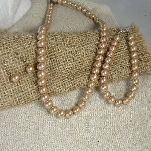 Creamy Beige  Pearl Necklace, Earrings and Bracelet Jewelry Set