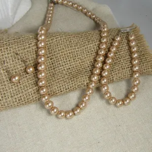 Creamy Beige  Pearl Necklace, Earrings and Bracelet Jewelry Set