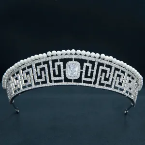 Cubic Zirconia Classic Tiara for Wedding,Pearls Crystal Tiaras Diadem for Bride CH10371