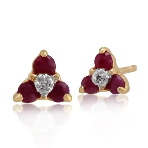 Damen 375 Gold 9ct Gelbgold Rund Drei Rubin & Diamant Ohrstecker Rot