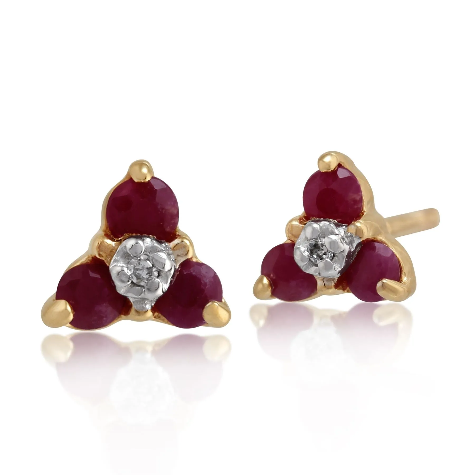 Damen 375 Gold 9ct Gelbgold Rund Drei Rubin & Diamant Ohrstecker Rot