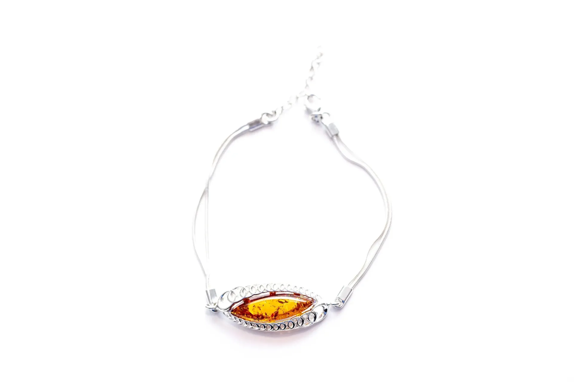 Elegant Contemporary Amber Chain Bracelet in Sterling Silver & Baltic Amber - Adjustable Length