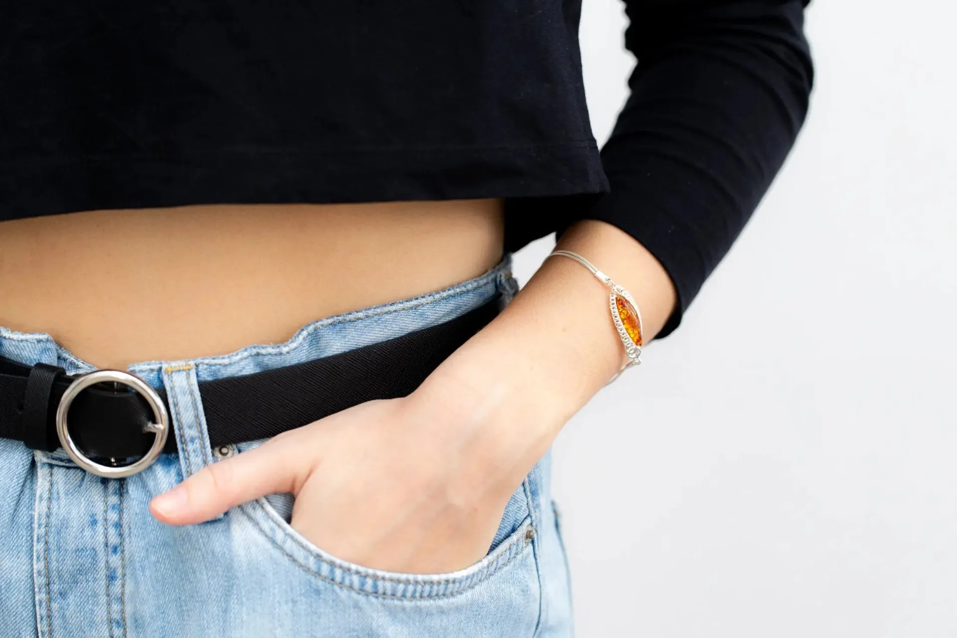 Elegant Contemporary Amber Chain Bracelet in Sterling Silver & Baltic Amber - Adjustable Length