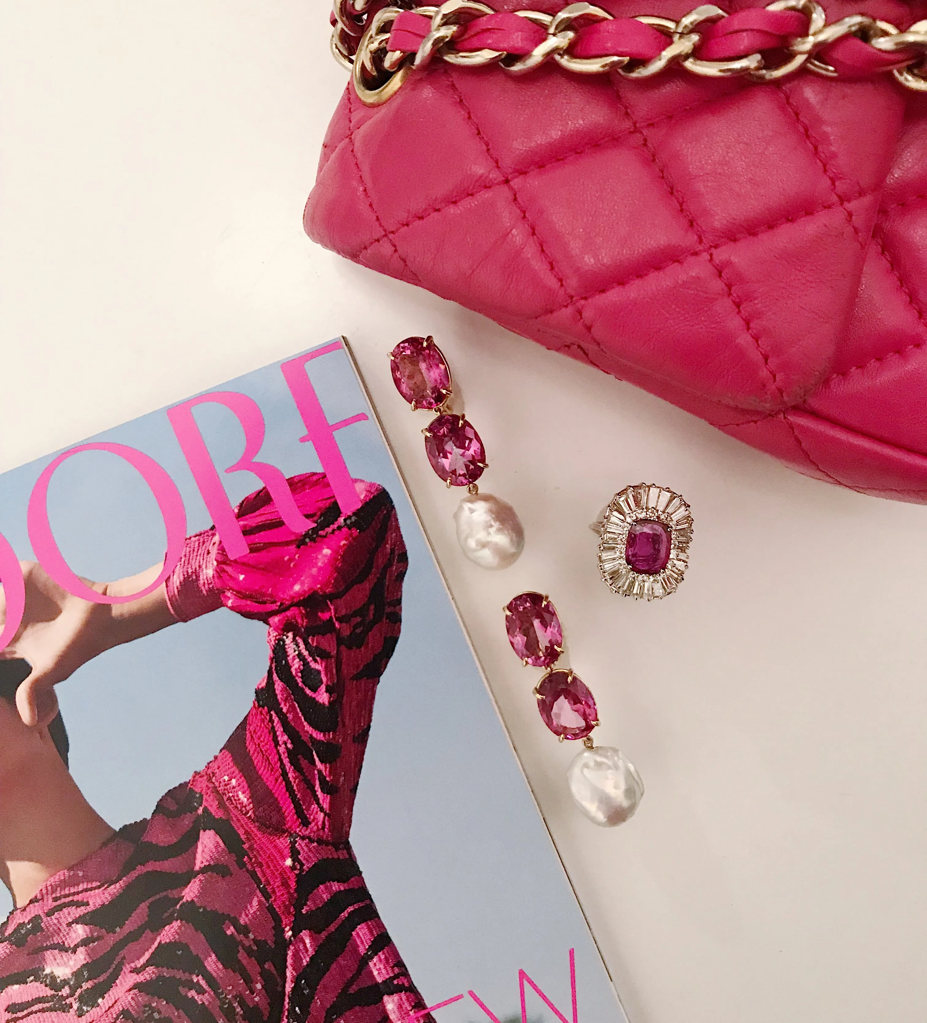 Elegant Three-Stone Drop Earring with Pink Topaz and Baroque Pearl