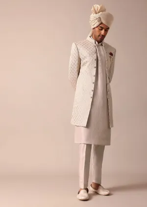 Exquisite Beige Silk Sherwani With Intricate Embroidery