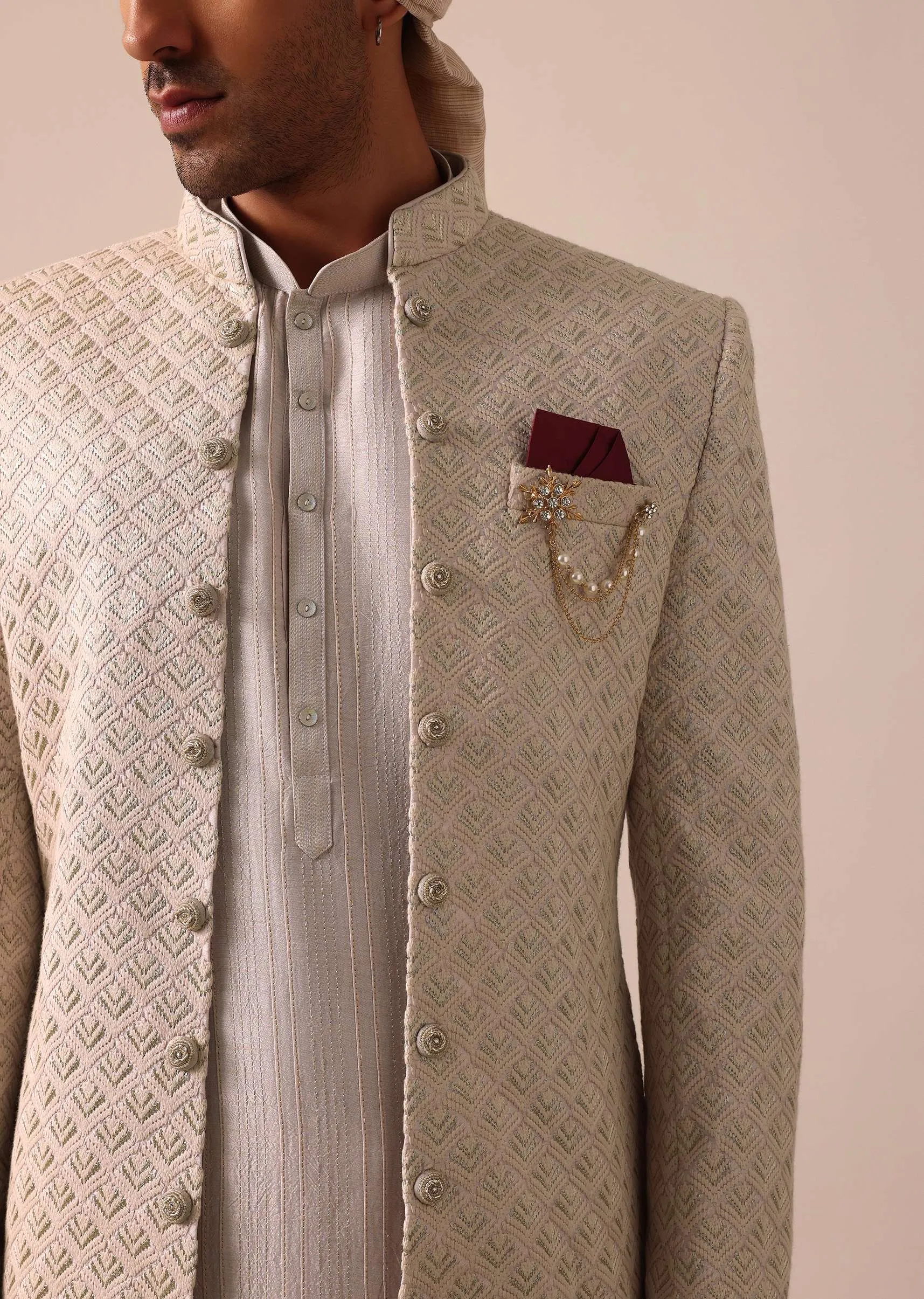 Exquisite Beige Silk Sherwani With Intricate Embroidery