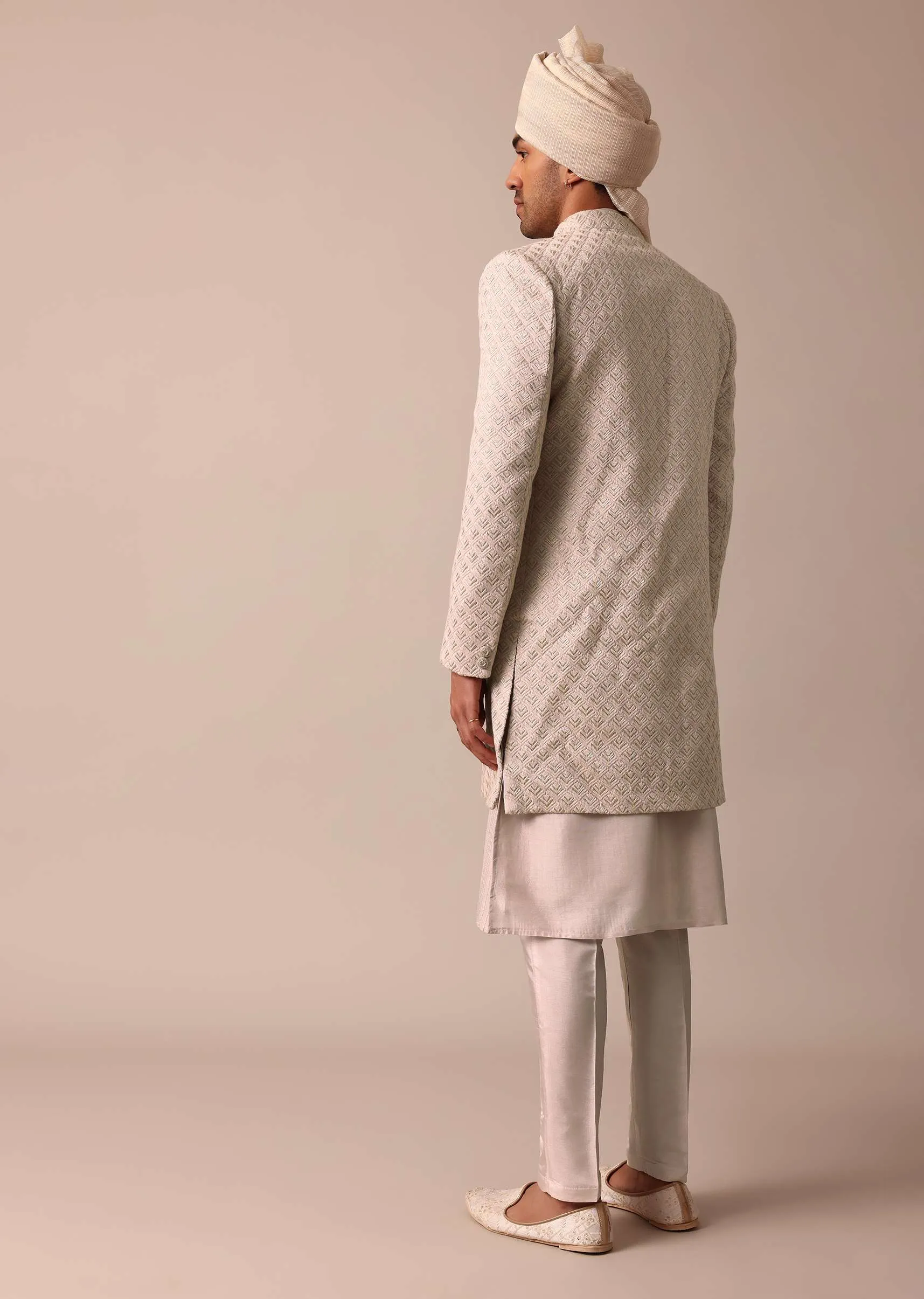 Exquisite Beige Silk Sherwani With Intricate Embroidery