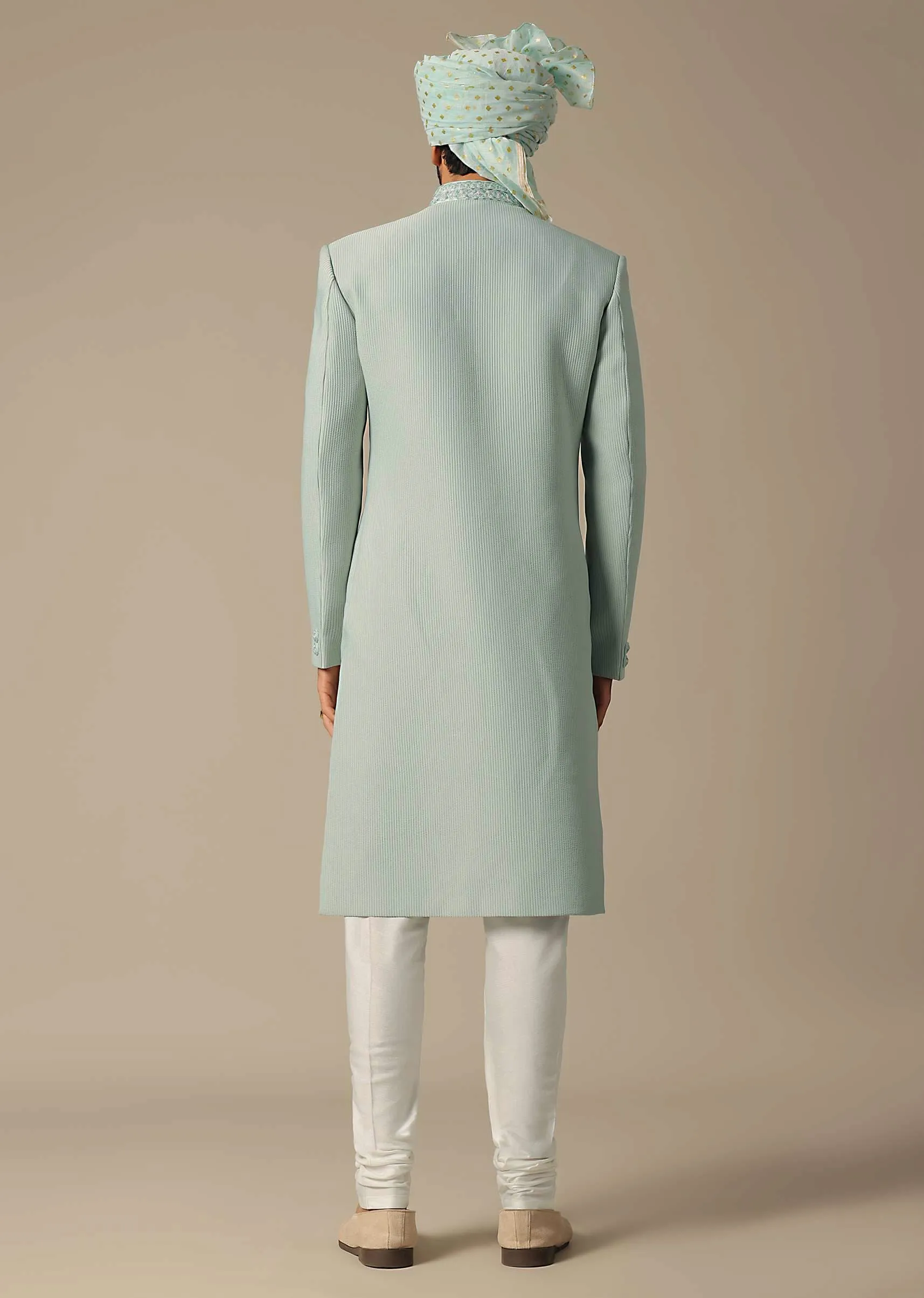 Exquisite Green Cotton Silk Sherwani Set