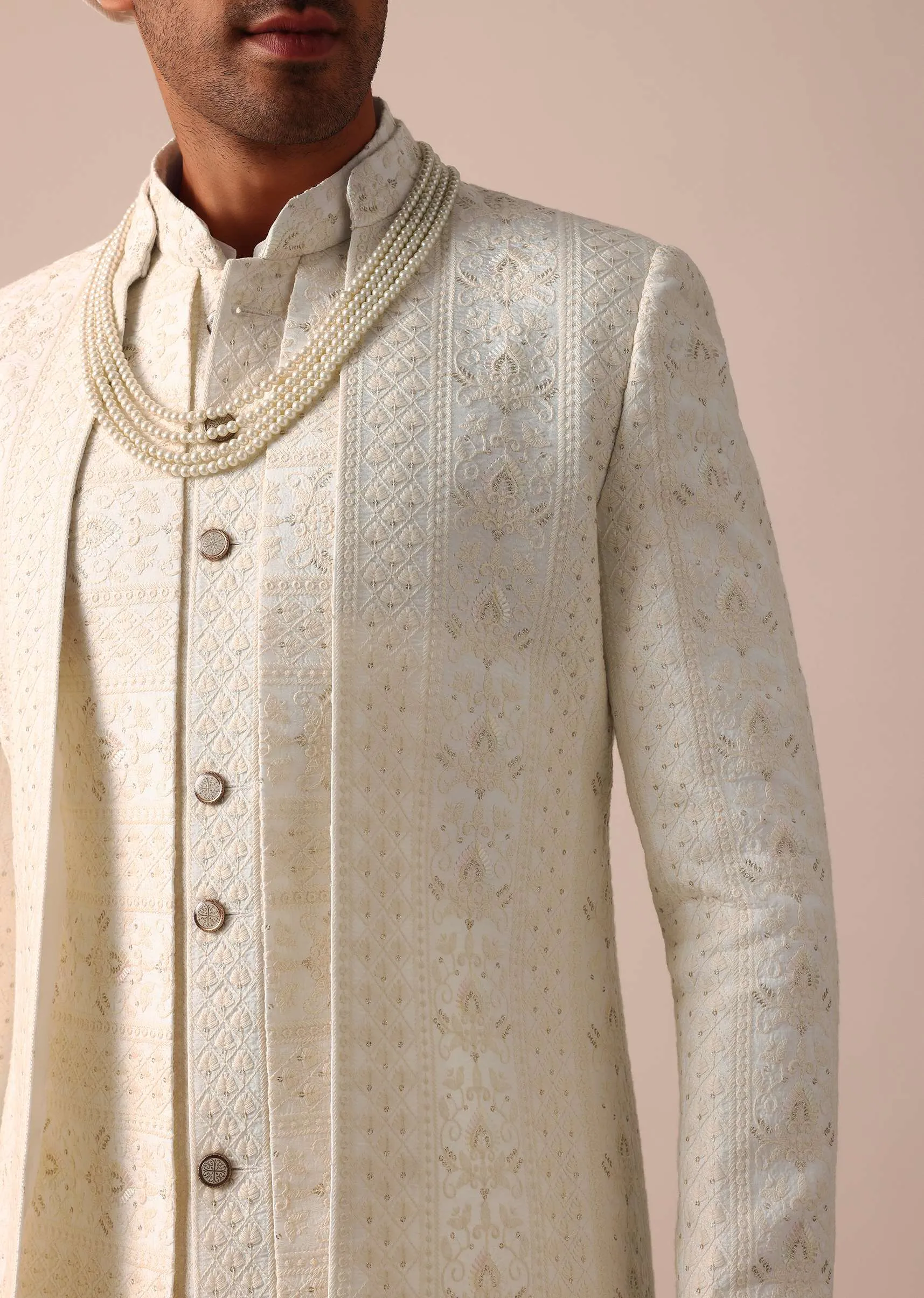 Exquisite White Silk Sherwani With Intricate Embroidery