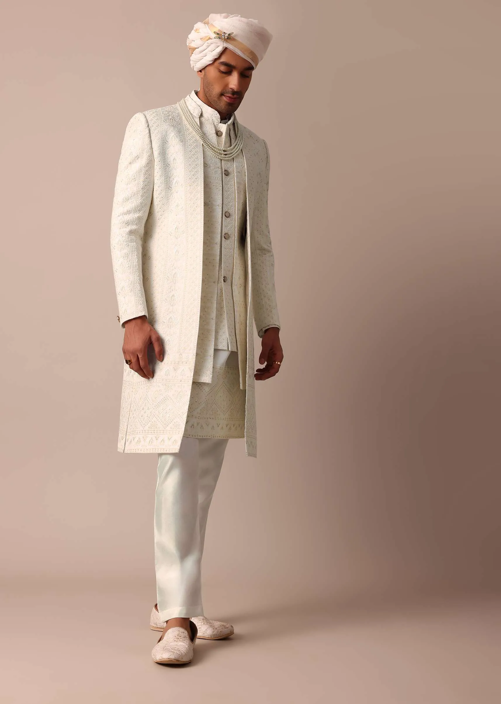 Exquisite White Silk Sherwani With Intricate Embroidery