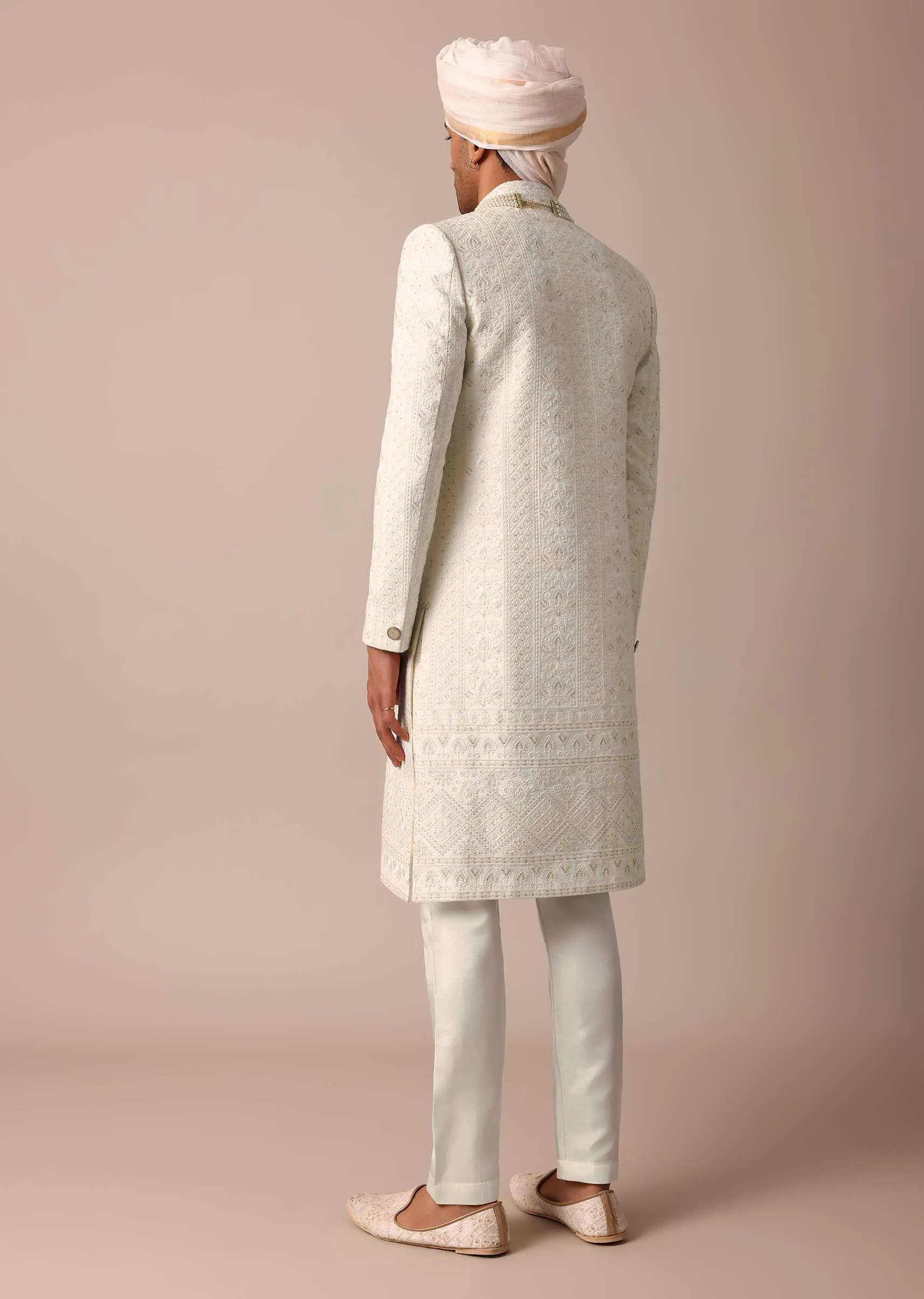 Exquisite White Silk Sherwani With Intricate Embroidery
