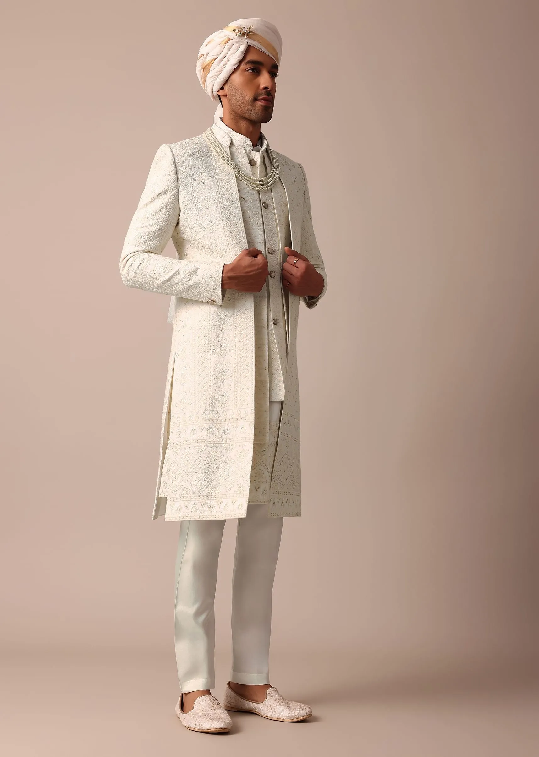 Exquisite White Silk Sherwani With Intricate Embroidery