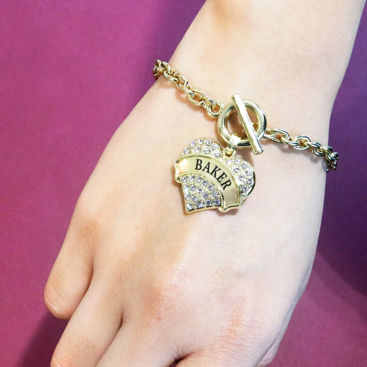 Gold Baker Pave Heart Charm Toggle Bracelet