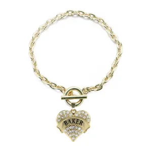 Gold Baker Pave Heart Charm Toggle Bracelet