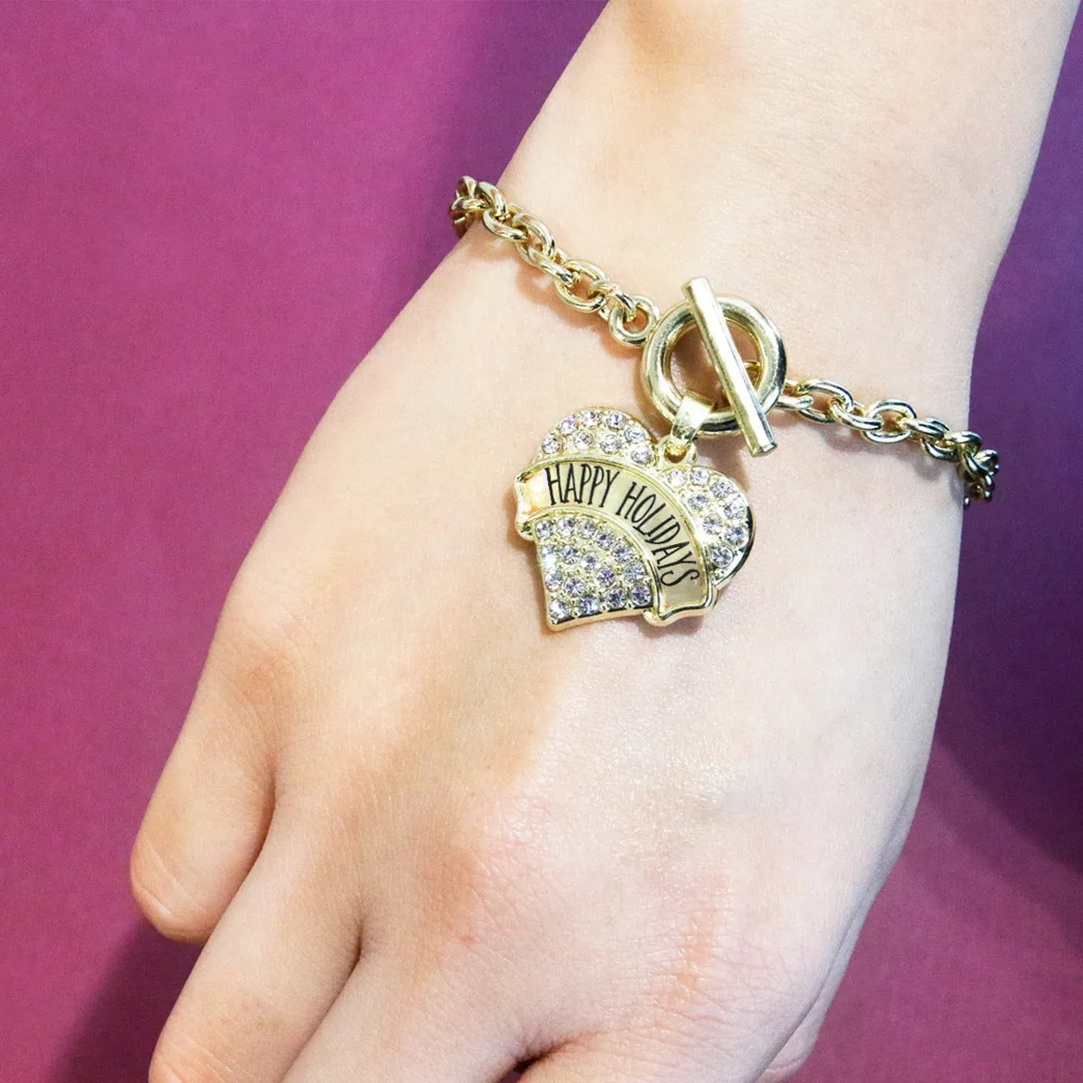 Gold Happy Holidays Pave Heart Charm Toggle Bracelet
