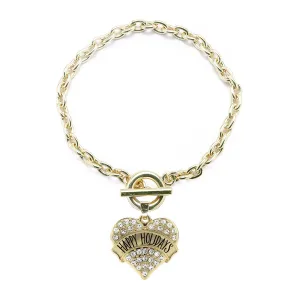 Gold Happy Holidays Pave Heart Charm Toggle Bracelet
