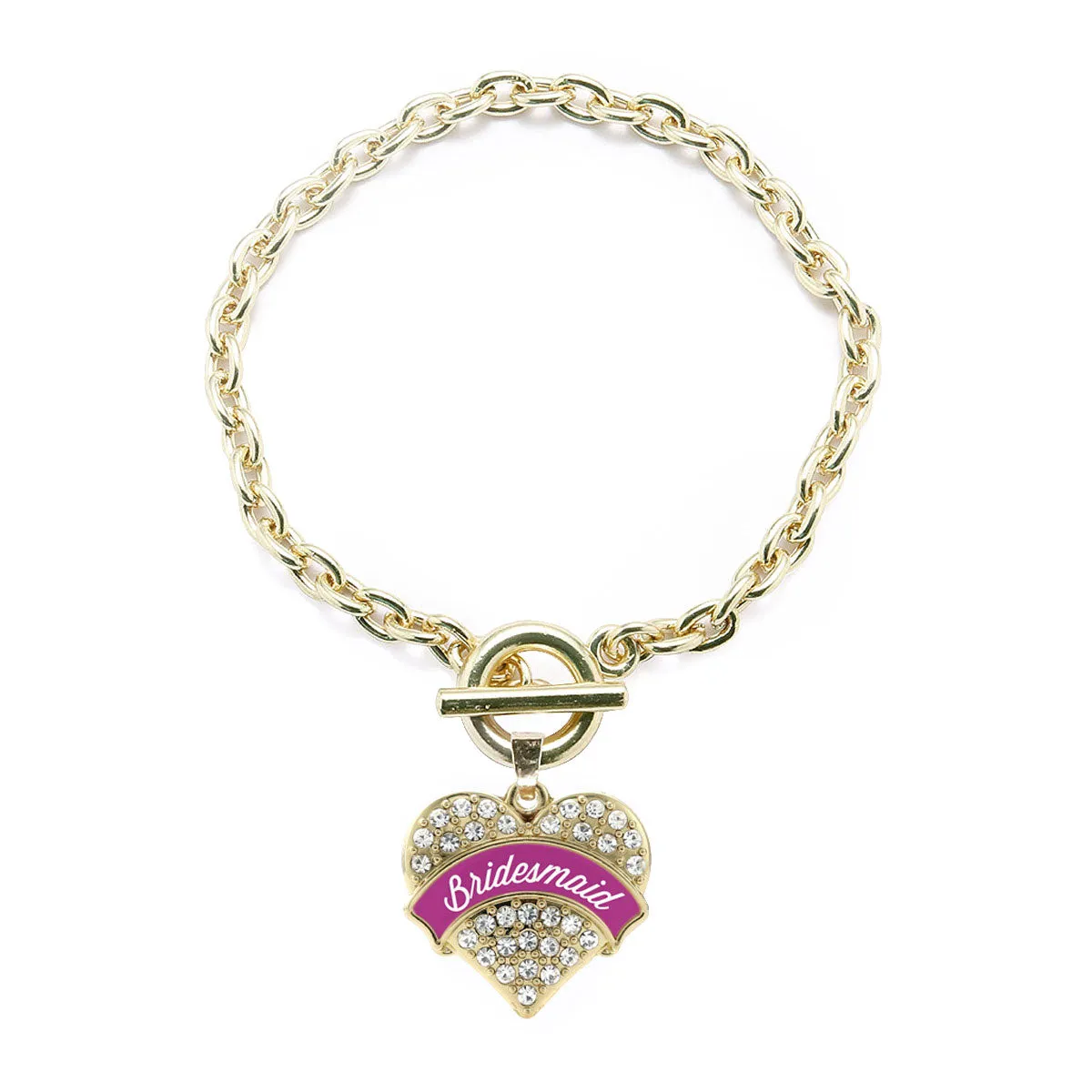 Gold Magenta Bridesmaid Pave Heart Charm Toggle Bracelet