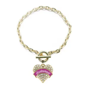 Gold Magenta Bridesmaid Pave Heart Charm Toggle Bracelet
