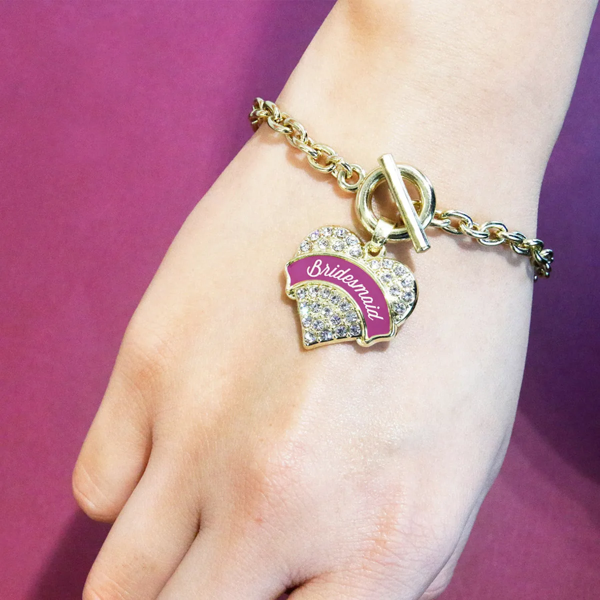 Gold Magenta Bridesmaid Pave Heart Charm Toggle Bracelet