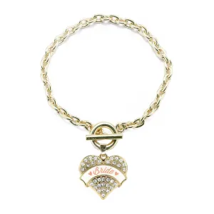 Gold Peach Bride Pave Heart Charm Toggle Bracelet