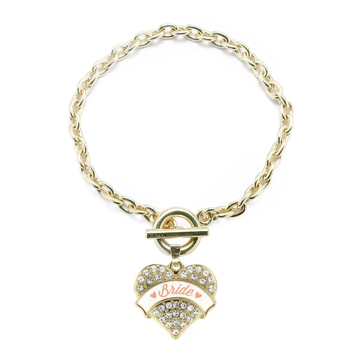 Gold Peach Bride Pave Heart Charm Toggle Bracelet