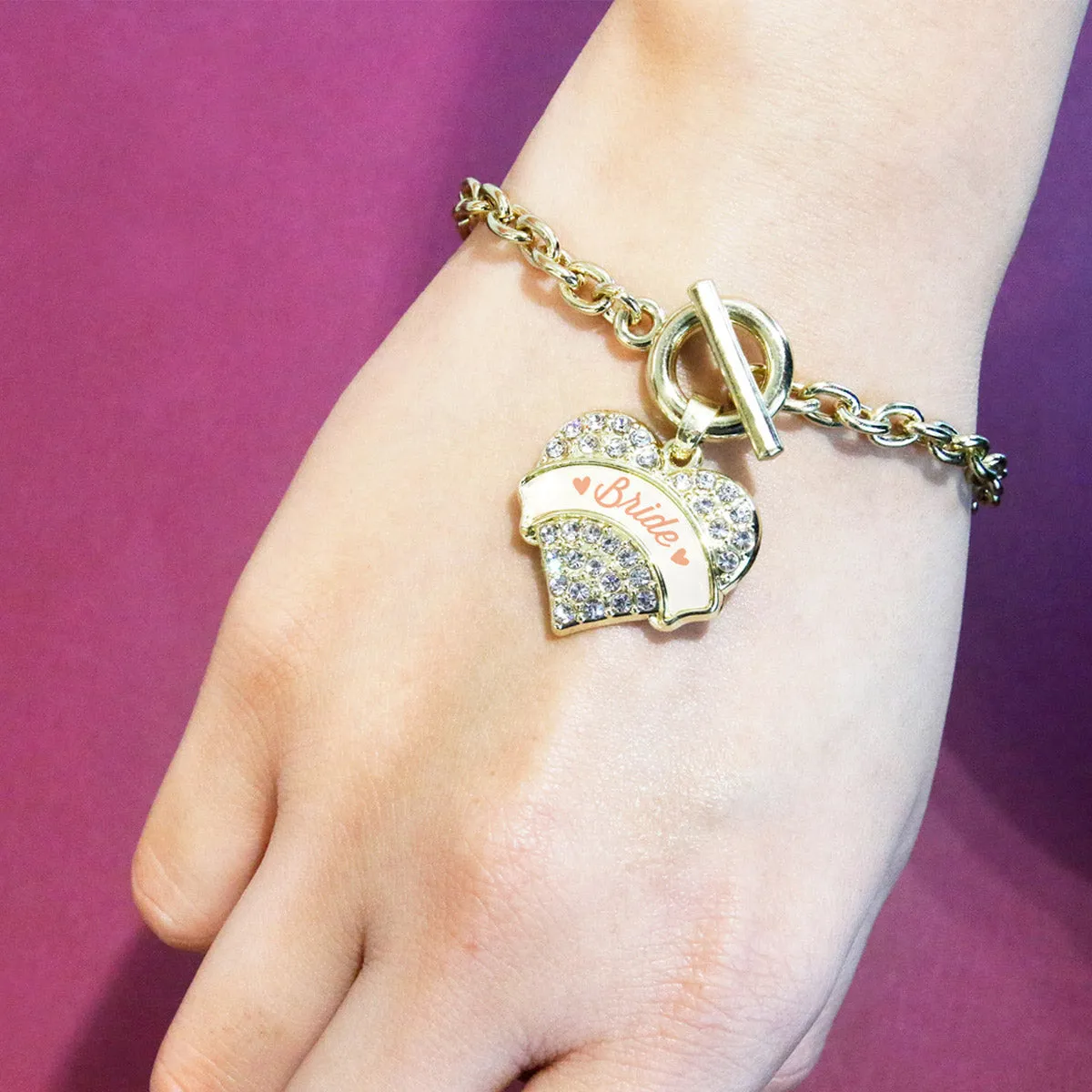Gold Peach Bride Pave Heart Charm Toggle Bracelet