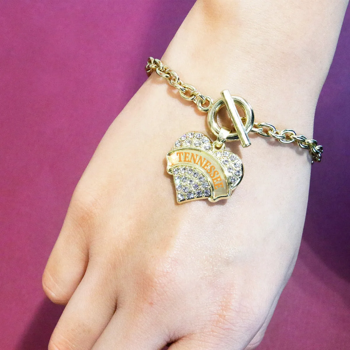 Gold Tennessee Pave Heart Charm Toggle Bracelet