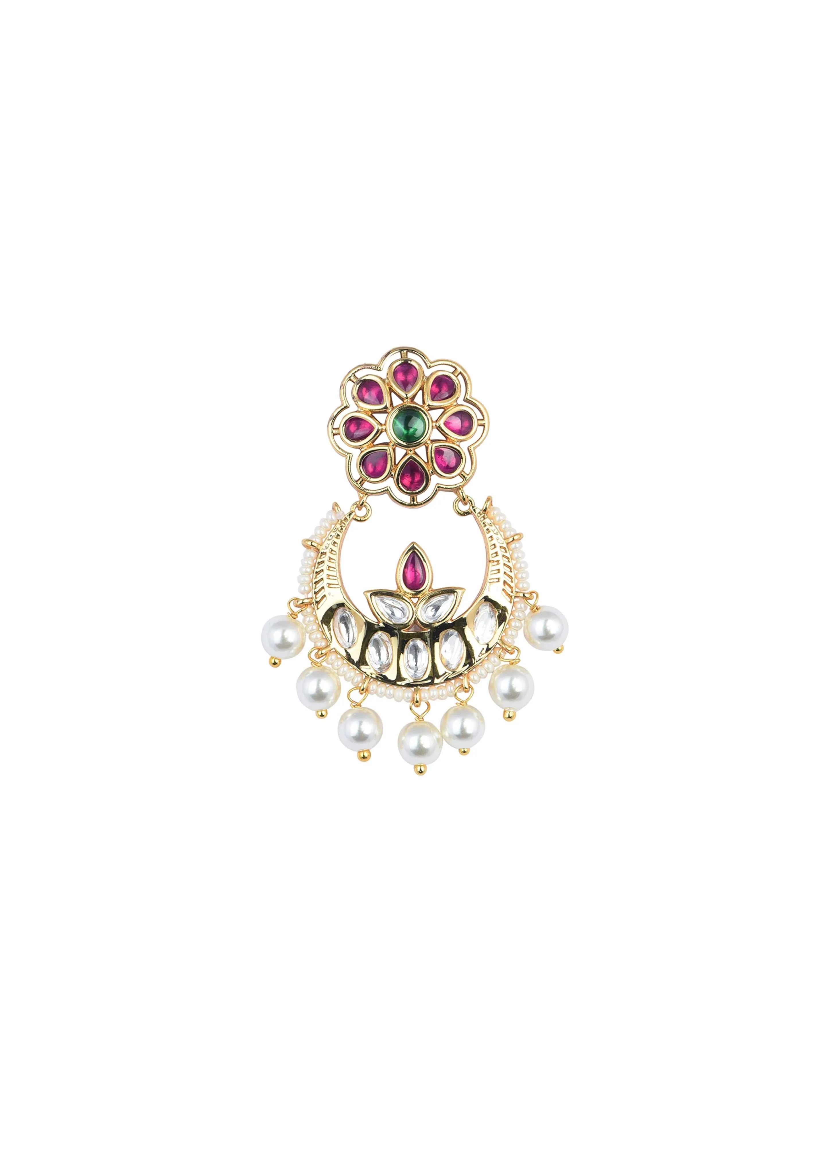 Gold Tone Temple Choker With Chandbali Earrings And Meenakari Detail