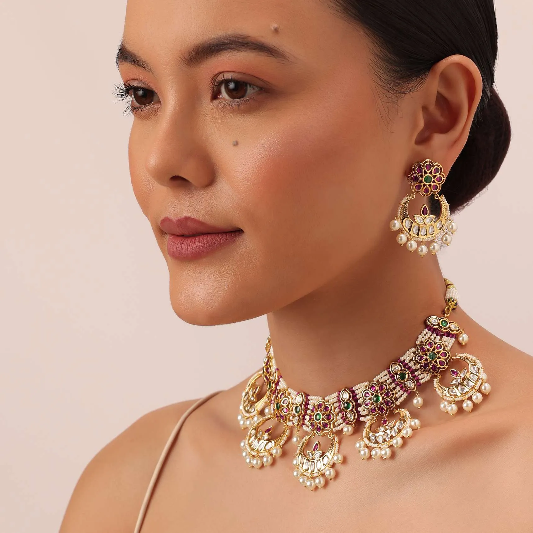 Gold Tone Temple Choker With Chandbali Earrings And Meenakari Detail