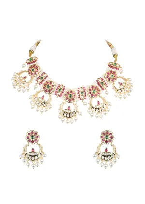 Gold Tone Temple Choker With Chandbali Earrings And Meenakari Detail